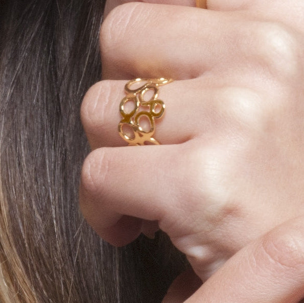 Close-up of a hand wearing a gold ring with bubble design on a neutral background