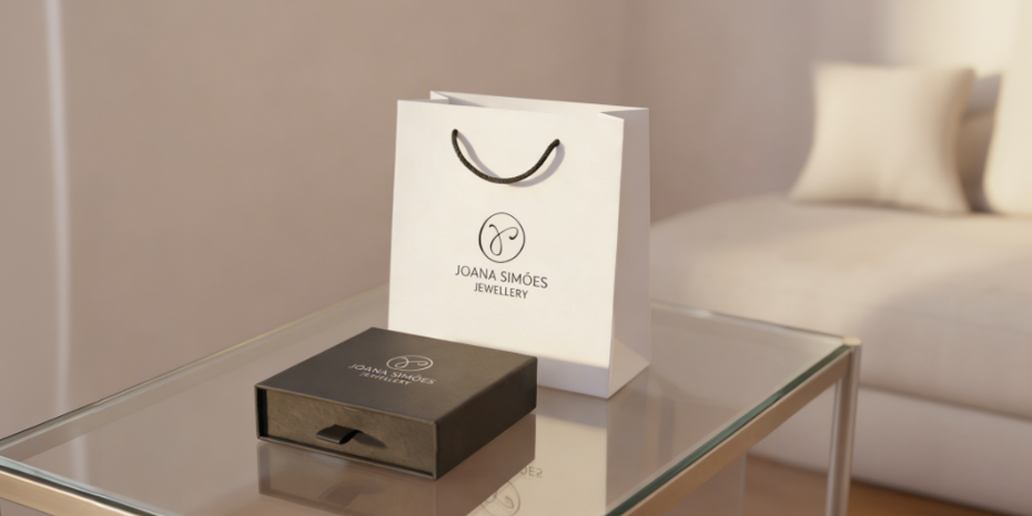 Jewelry box and branded shopping bag on a glass table with a blurred background