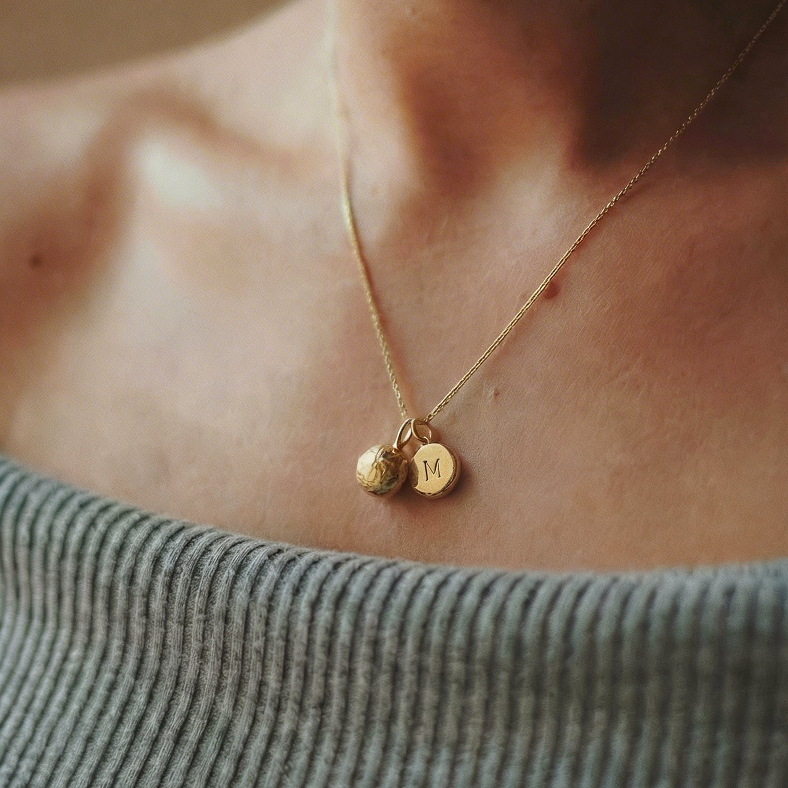 Close-up of a person wearing a gold necklace with two round pendants.