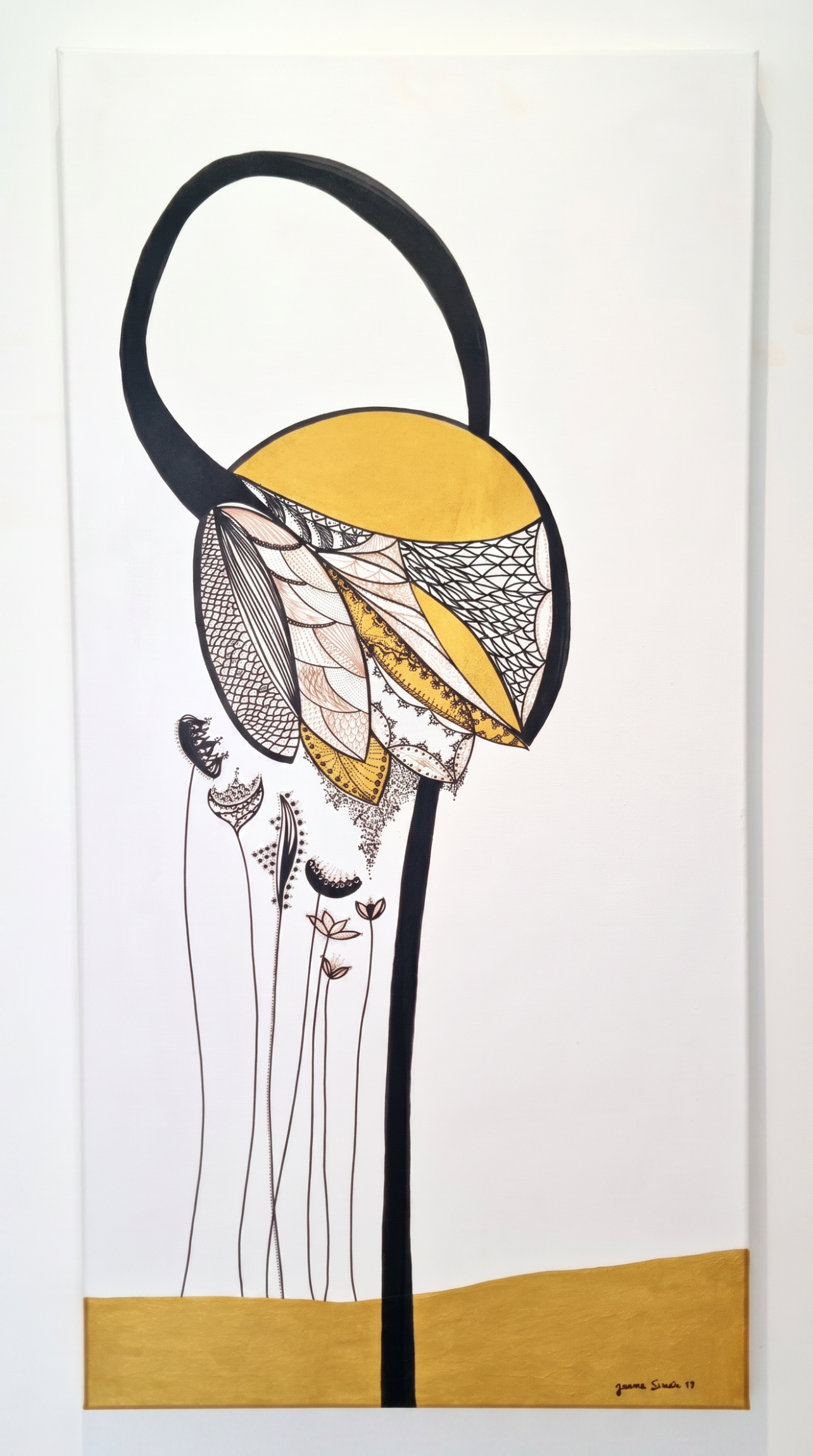 Abstract artwork with a black circle, yellow sphere, and white lines on a white background